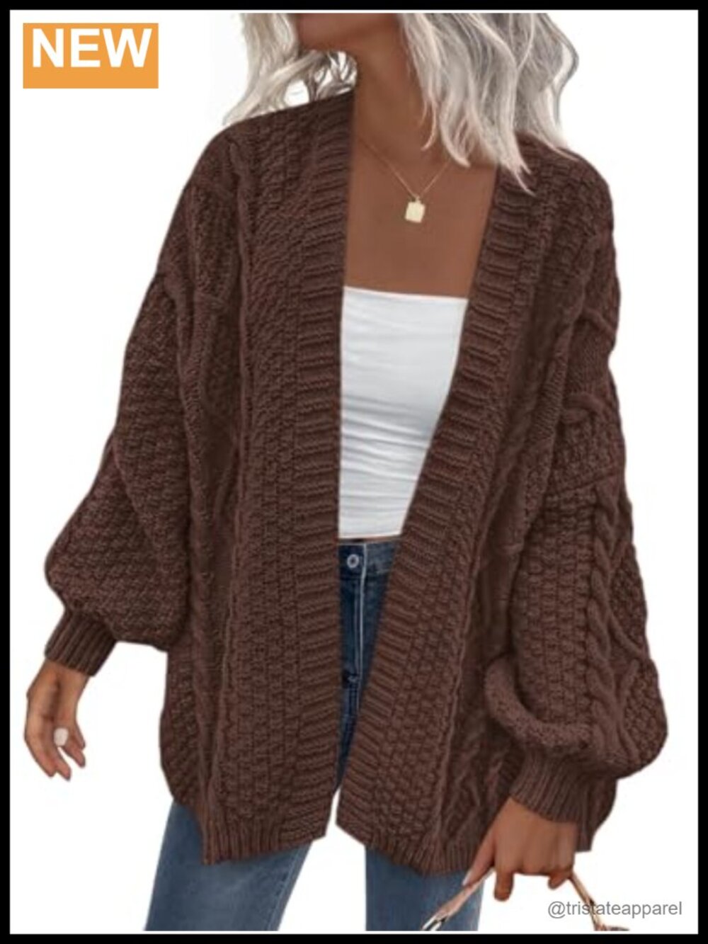 Cable Knit Open Front Chunky Cardigan Lantern Sleeve Loose Fit Sweater